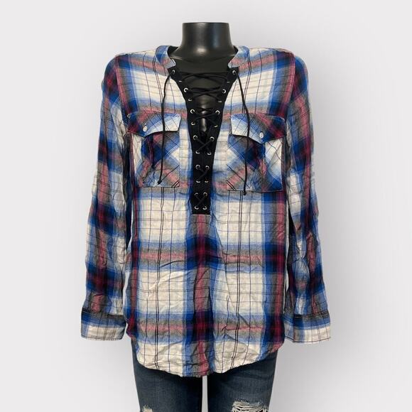 Express Womens Tunic Flannel Plunge V-Neck sz M Long Sleeve Lace Up Top Cottage - Picture 2 of 7